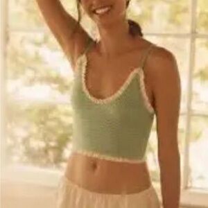 NWT:Anthropologie LyreBird Ruffle-Trim Smocked Crop Cami, Light Green: Size L/XL